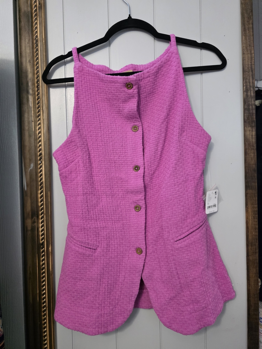 Free People Textured Button-Front Sleeveless Tunic in Hot Pink